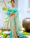 Sea Green Hand Embroidered Lahariya Saree Set