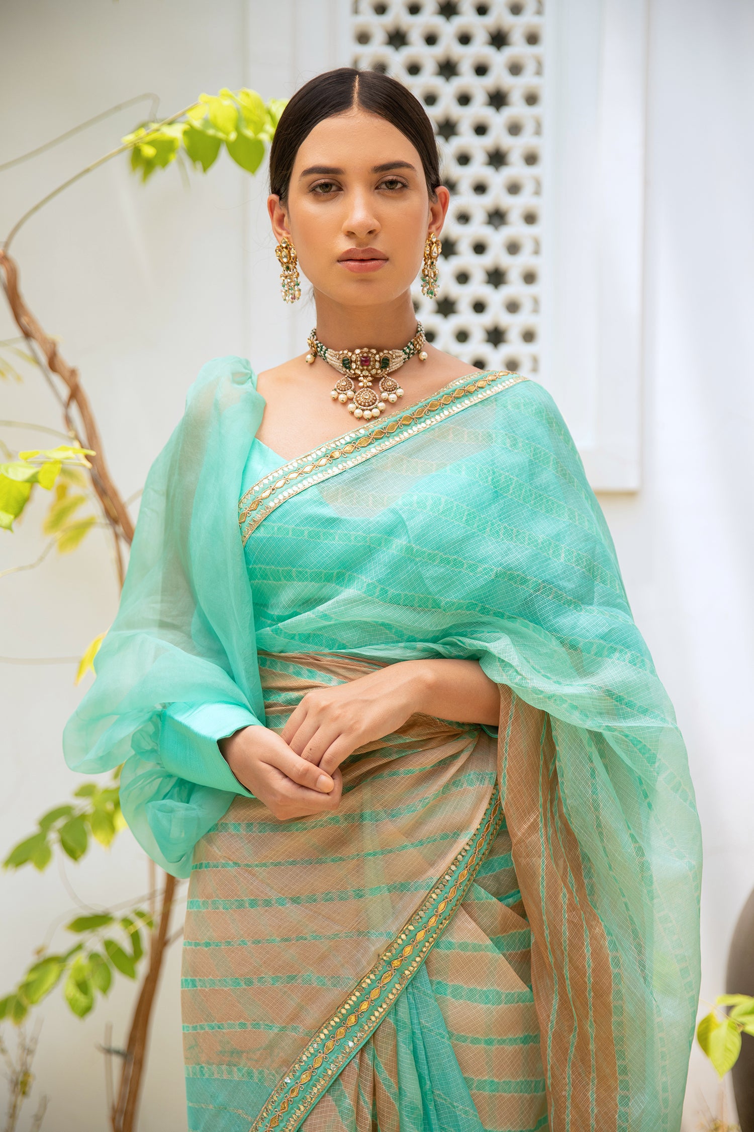 Sea Green Hand Embroidered Lahariya Saree Set