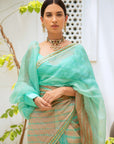Sea Green Hand Embroidered Lahariya Saree Set