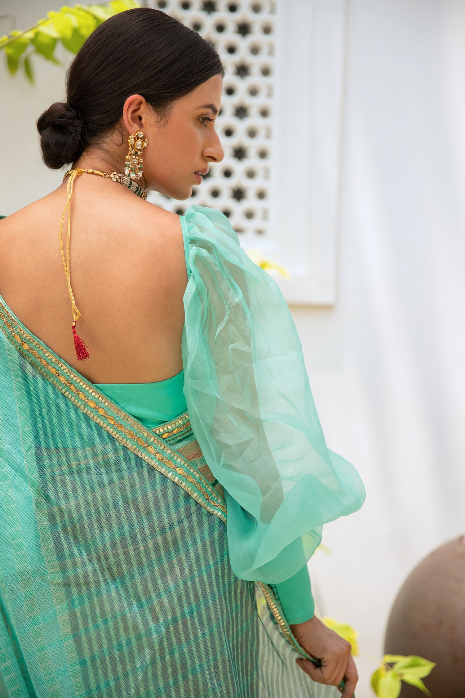 Sea Green Hand Embroidered Lahariya Saree Set