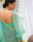 Sea Green Hand Embroidered Lahariya Saree Set