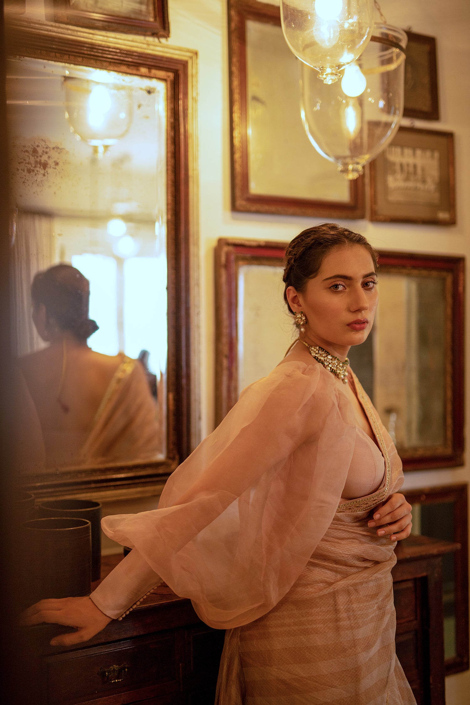 Beige Nude Hand Embroidered Lahariya Saree Set