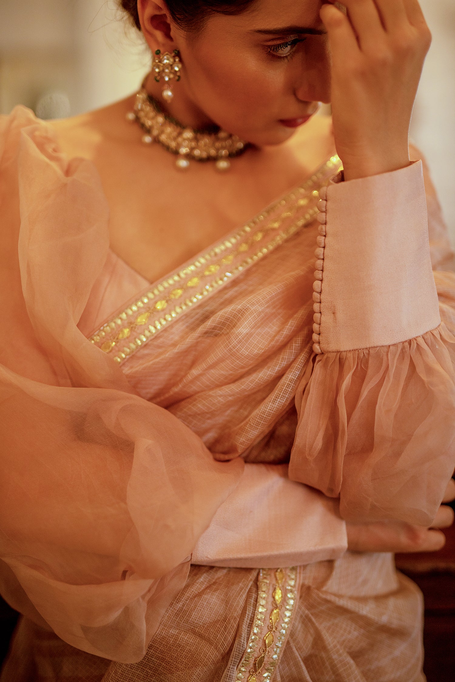 Beige Nude Hand Embroidered Lahariya Saree Set