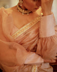 Beige Nude Hand Embroidered Lahariya Saree Set