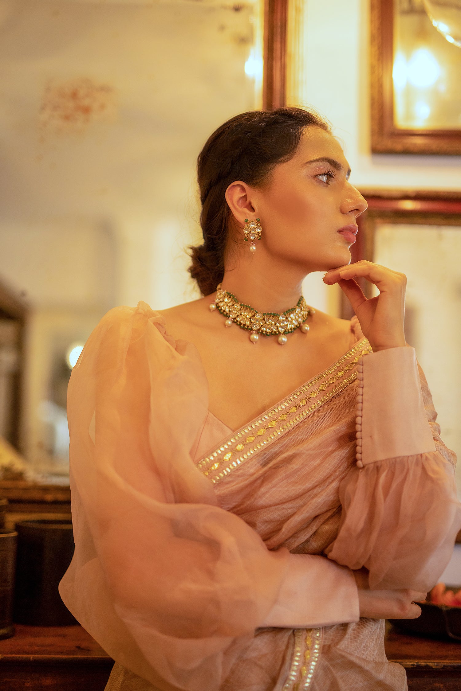 Beige Nude Hand Embroidered Lahariya Saree Set