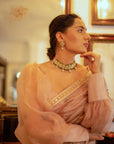 Beige Nude Hand Embroidered Lahariya Saree Set