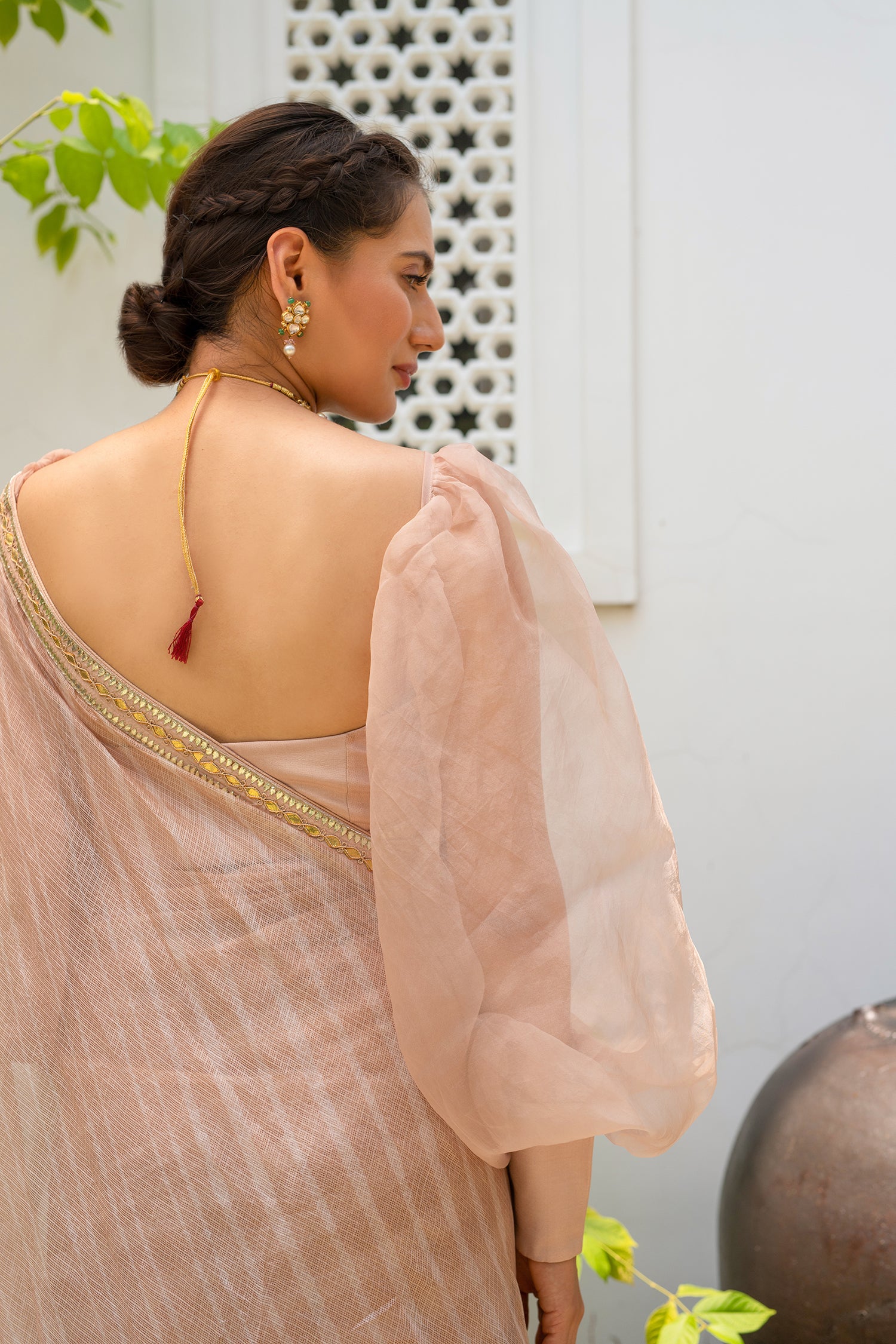 Beige Nude Hand Embroidered Lahariya Saree Set