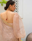 Beige Nude Hand Embroidered Lahariya Saree Set