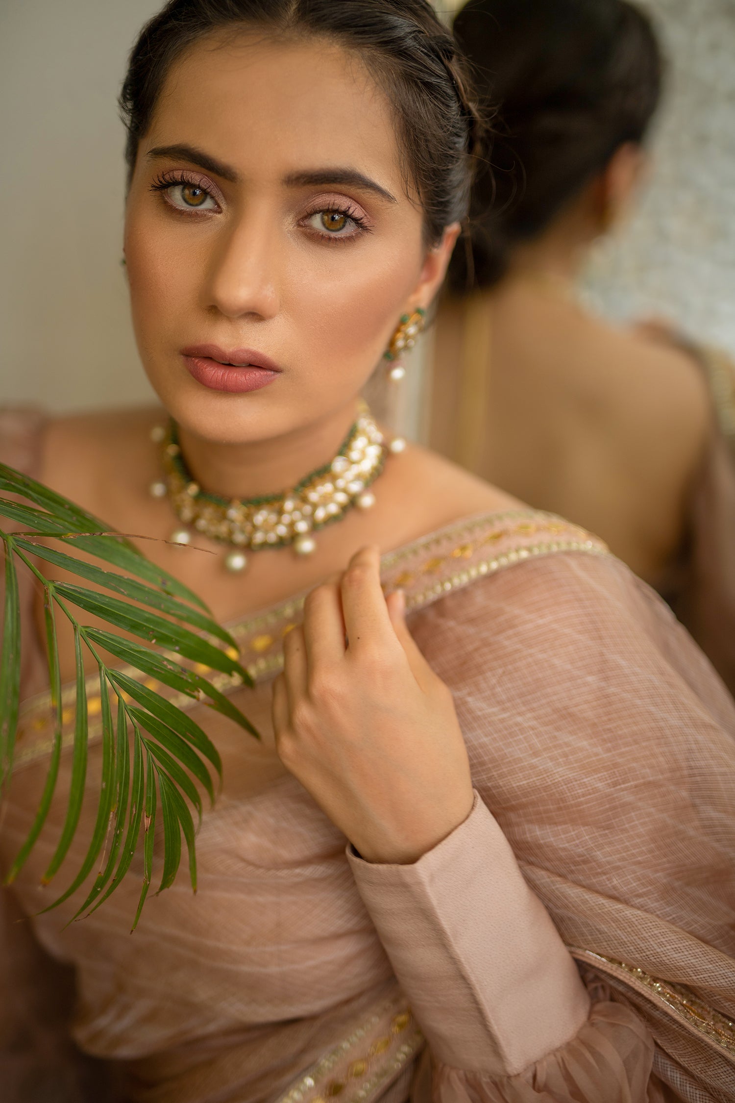 Beige Nude Hand Embroidered Lahariya Saree Set