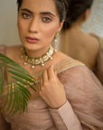 Beige Nude Hand Embroidered Lahariya Saree Set