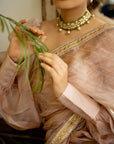 Beige Nude Hand Embroidered Lahariya Saree Set