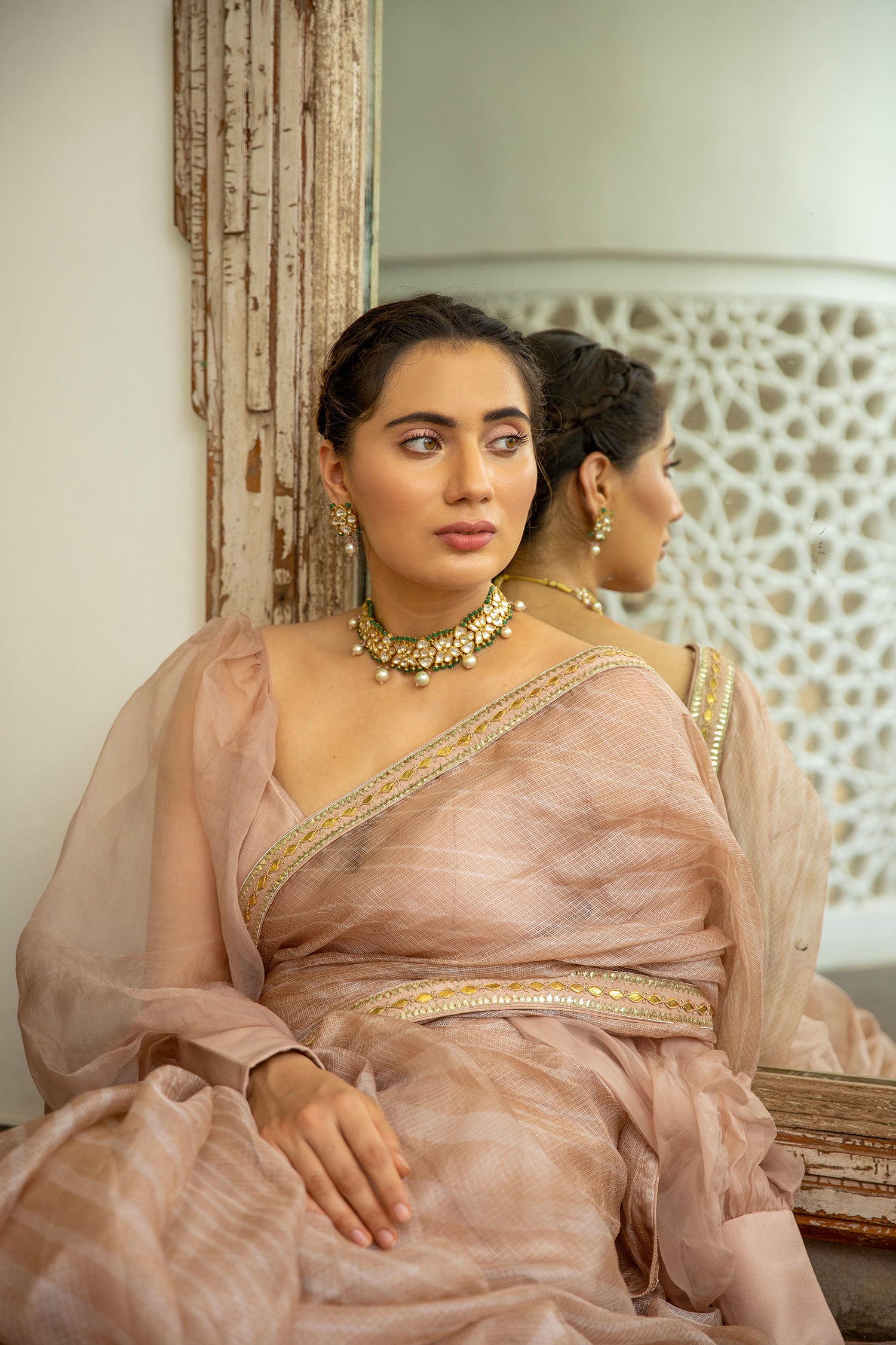 Beige Nude Hand Embroidered Lahariya Saree Set