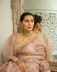 Beige Nude Hand Embroidered Lahariya Saree Set