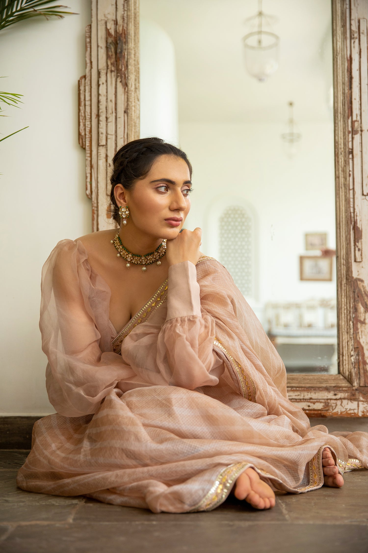 Beige Nude Hand Embroidered Lahariya Saree Set