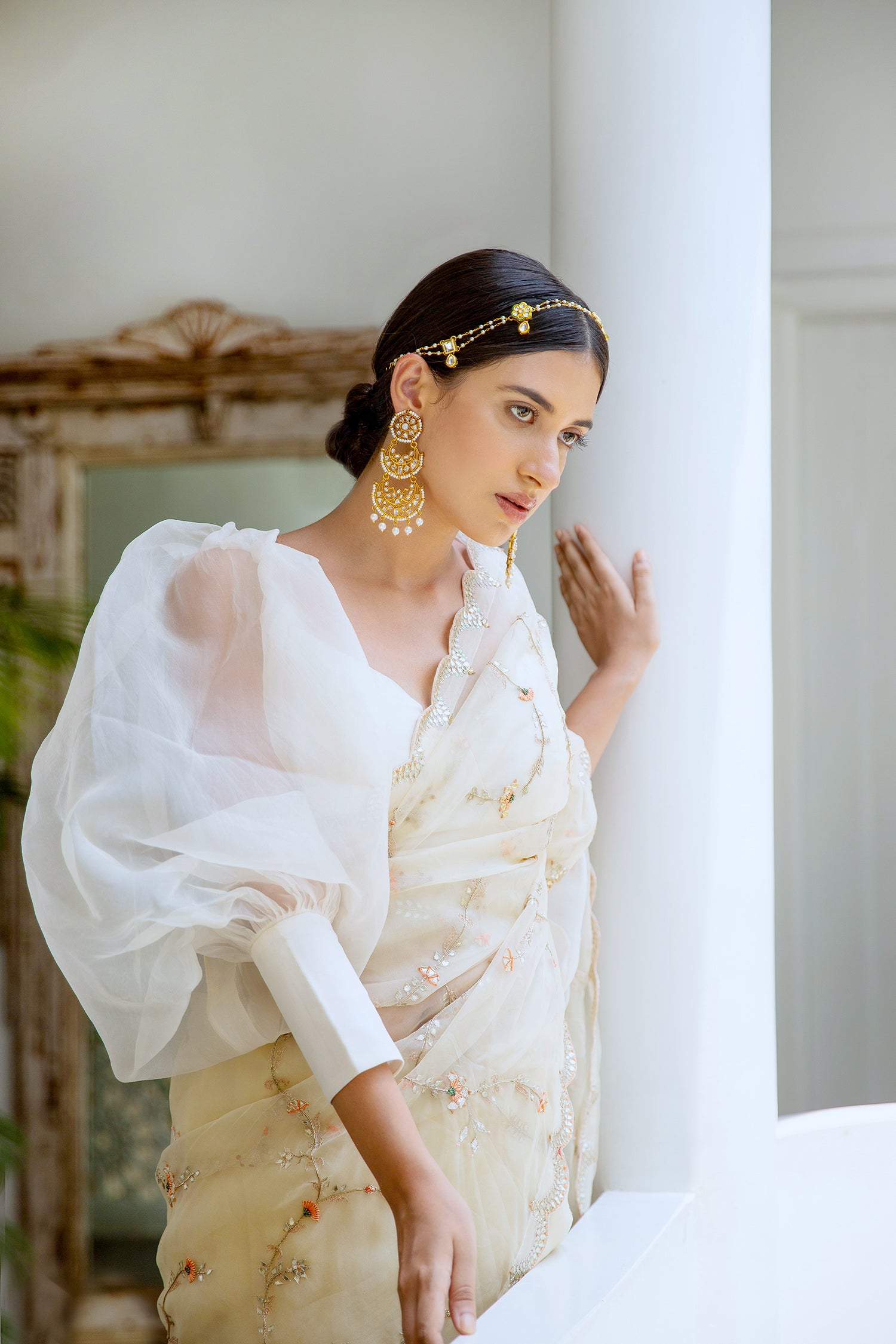 Ivory Hand Embroidered Jaal Saree Set