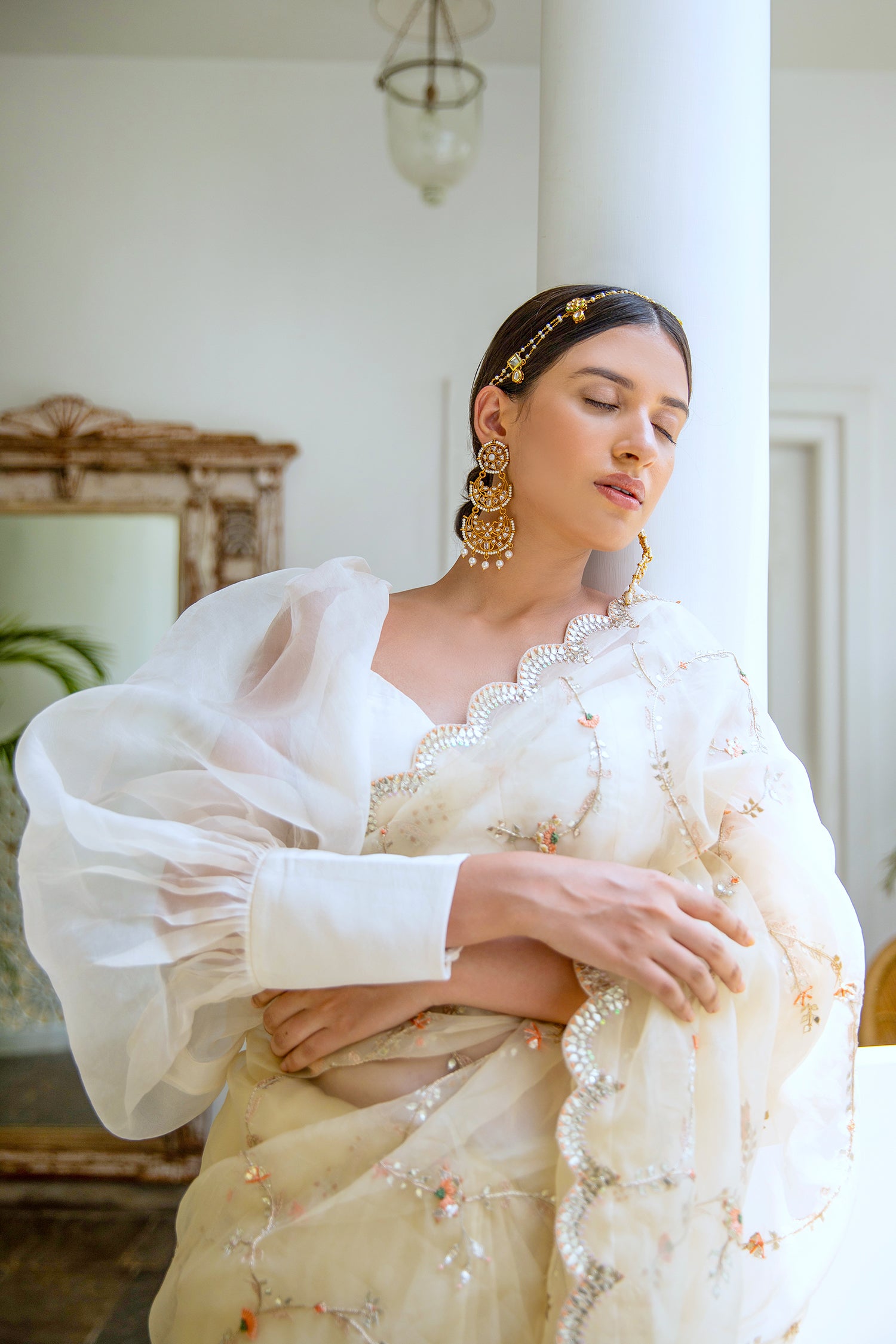 Ivory Hand Embroidered Jaal Saree Set