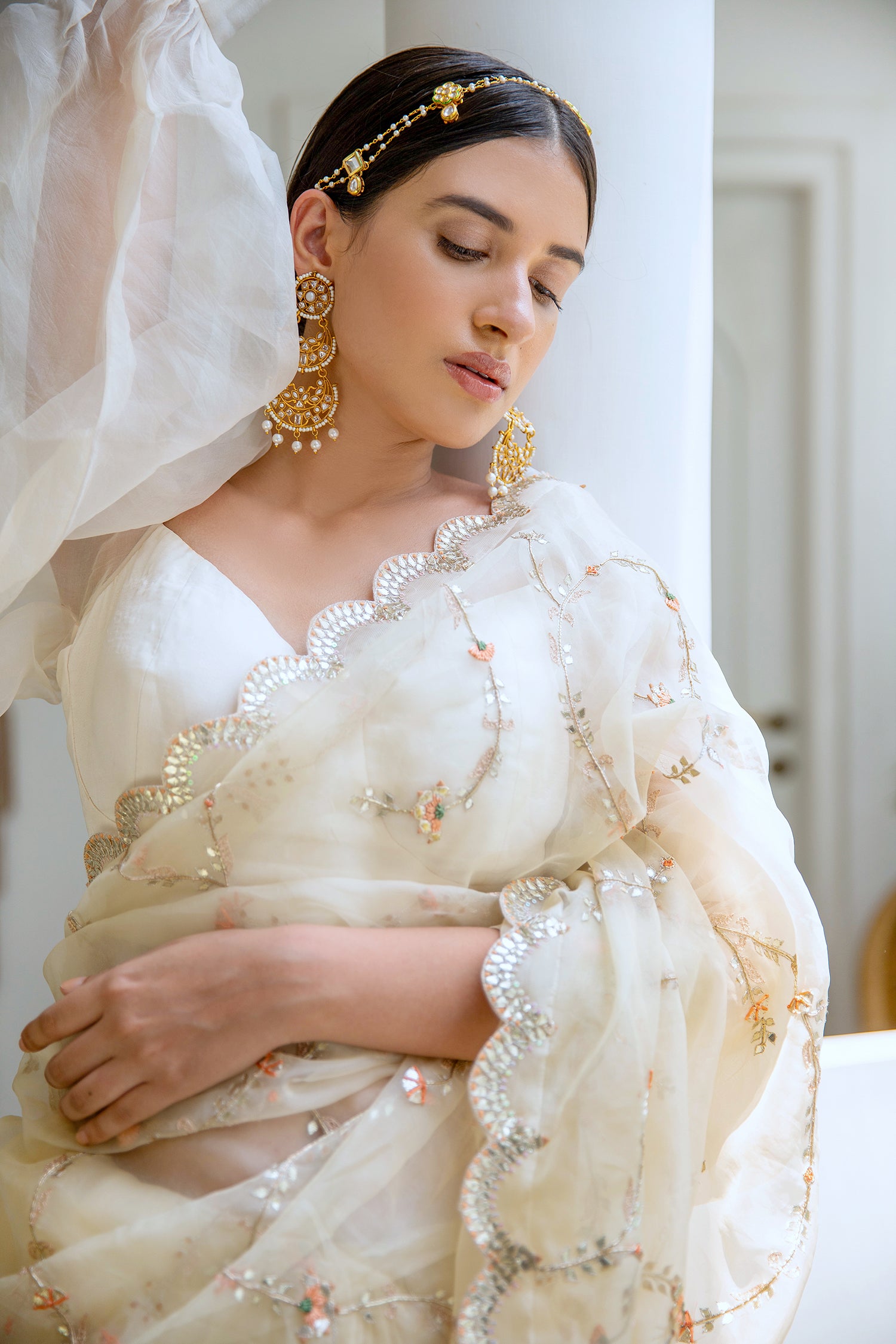 Ivory Hand Embroidered Jaal Saree Set