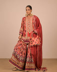 Persian Red Crepe Sharara Set with Canvas tote bag with Vibrant Print Motifs
