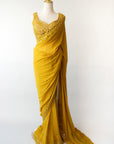 Neo-Retro Mustard Yellow Mirror Work Saree With Mirror Embellished Blouse