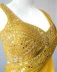 Neo-Retro Mustard Yellow Mirror Work Saree With Mirror Embellished Blouse