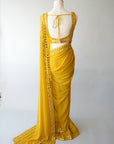 Neo-Retro Mustard Yellow Mirror Work Saree With Mirror Embellished Blouse