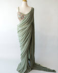 Dusty Green Sequined Saree With Exquisite Floral Blouse