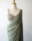 Dusty Green Sequined Saree With Exquisite Floral Blouse