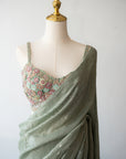Dusty Green Sequined Saree With Exquisite Floral Blouse