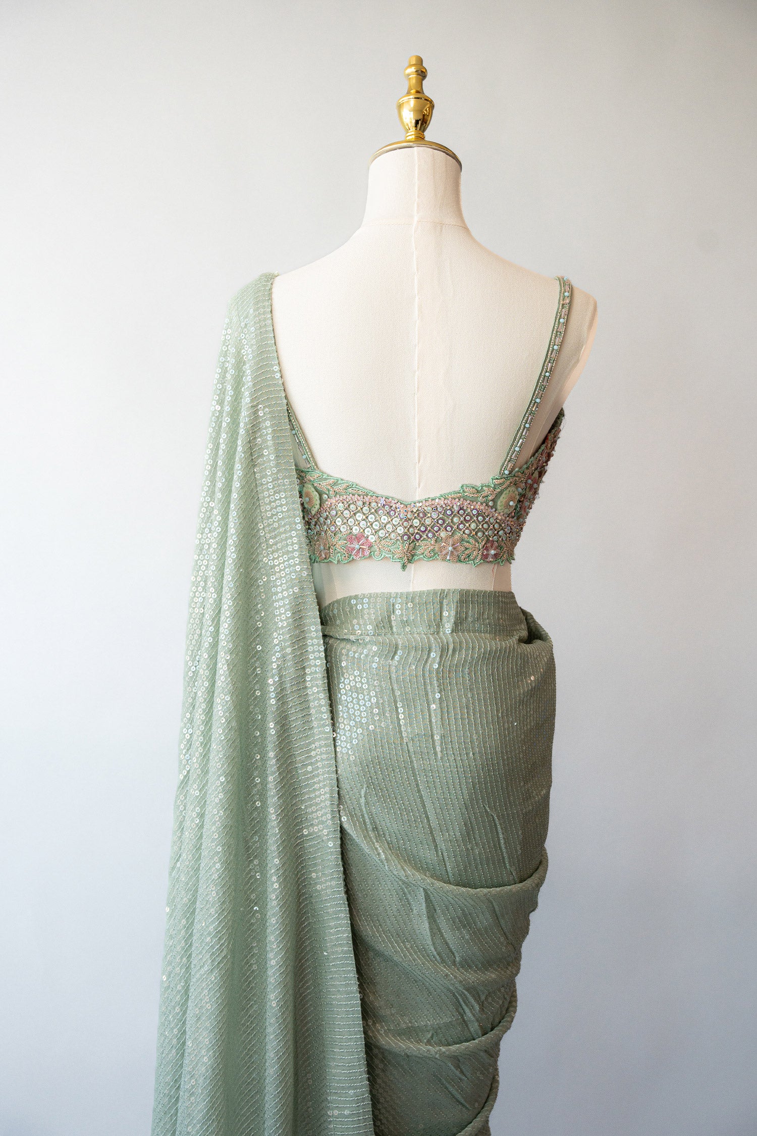 Dusty Green Sequined Saree With Exquisite Floral Blouse