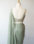 Dusty Green Sequined Saree With Exquisite Floral Blouse