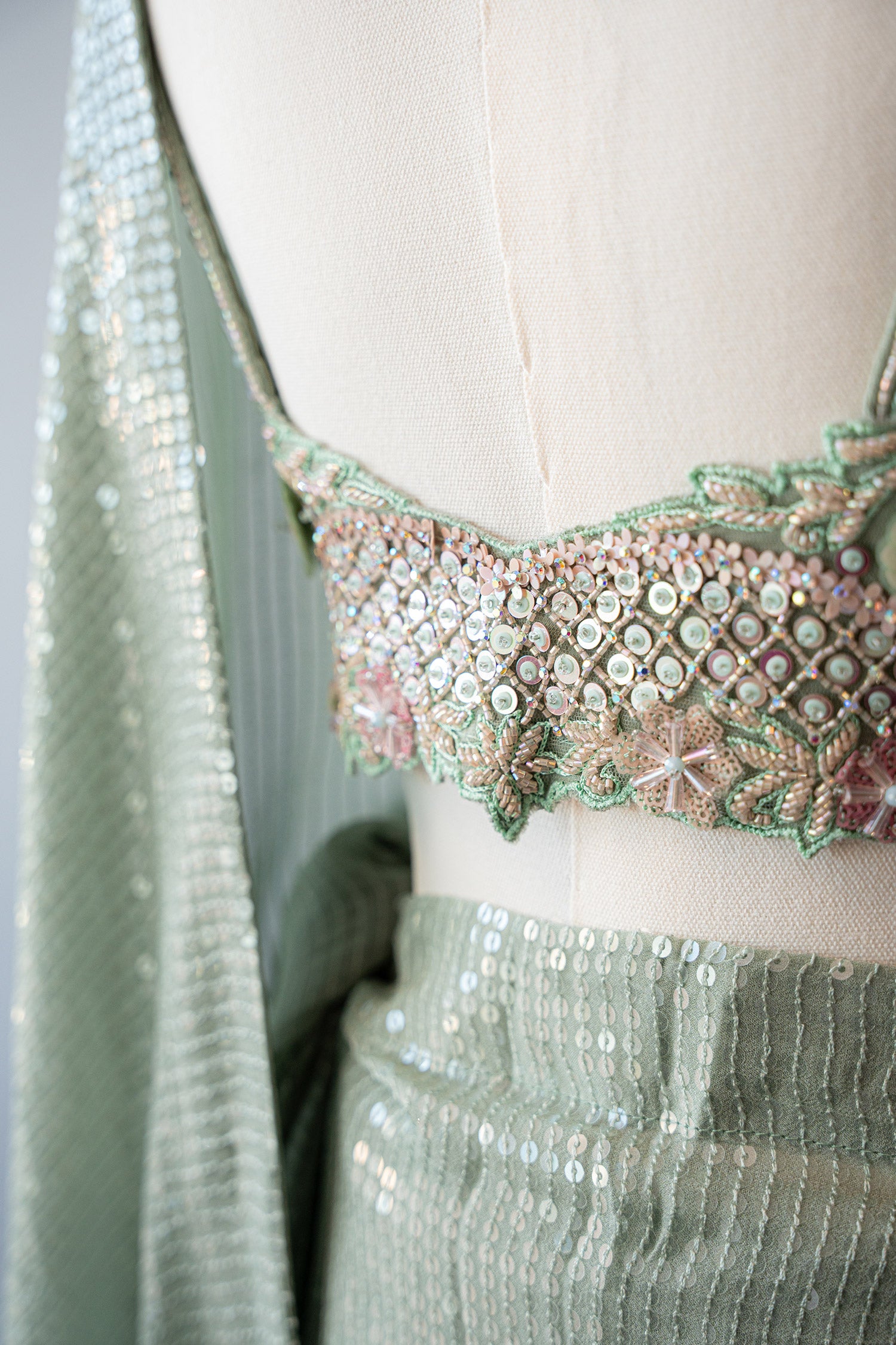 Dusty Green Sequined Saree With Exquisite Floral Blouse