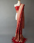 Red Handwoven Silk Sari And Unstitched Blouse