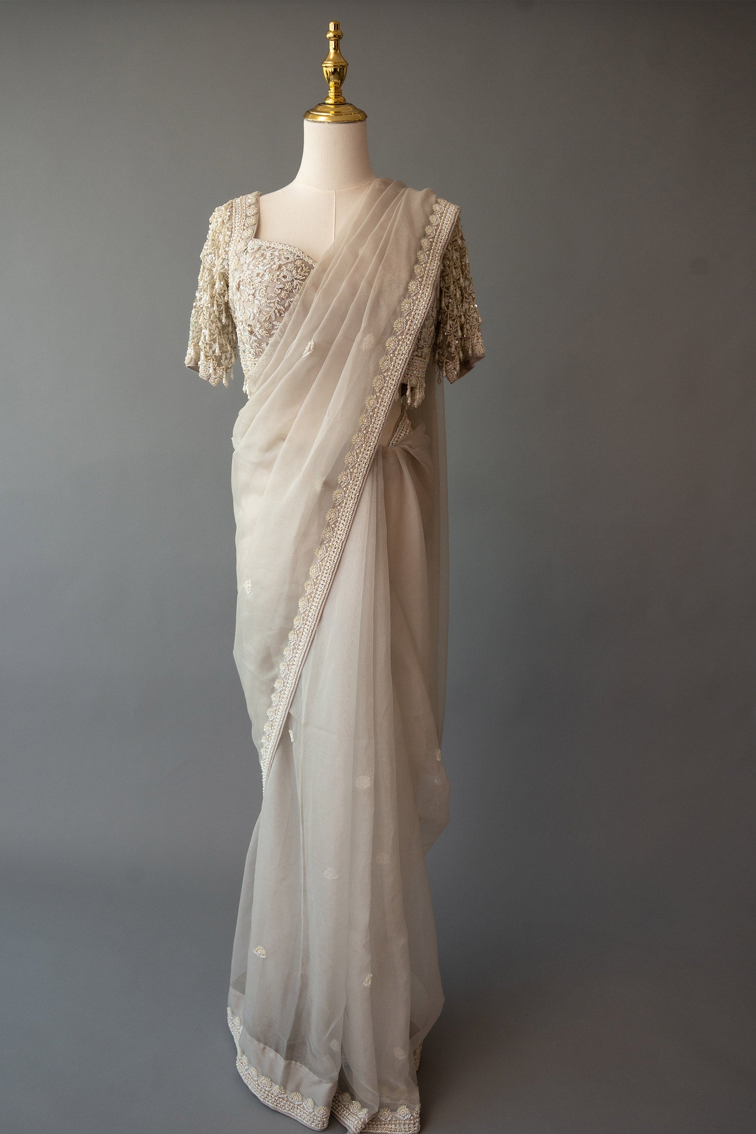 Elegant Light Grey Organza Saree With Ornate Blouse