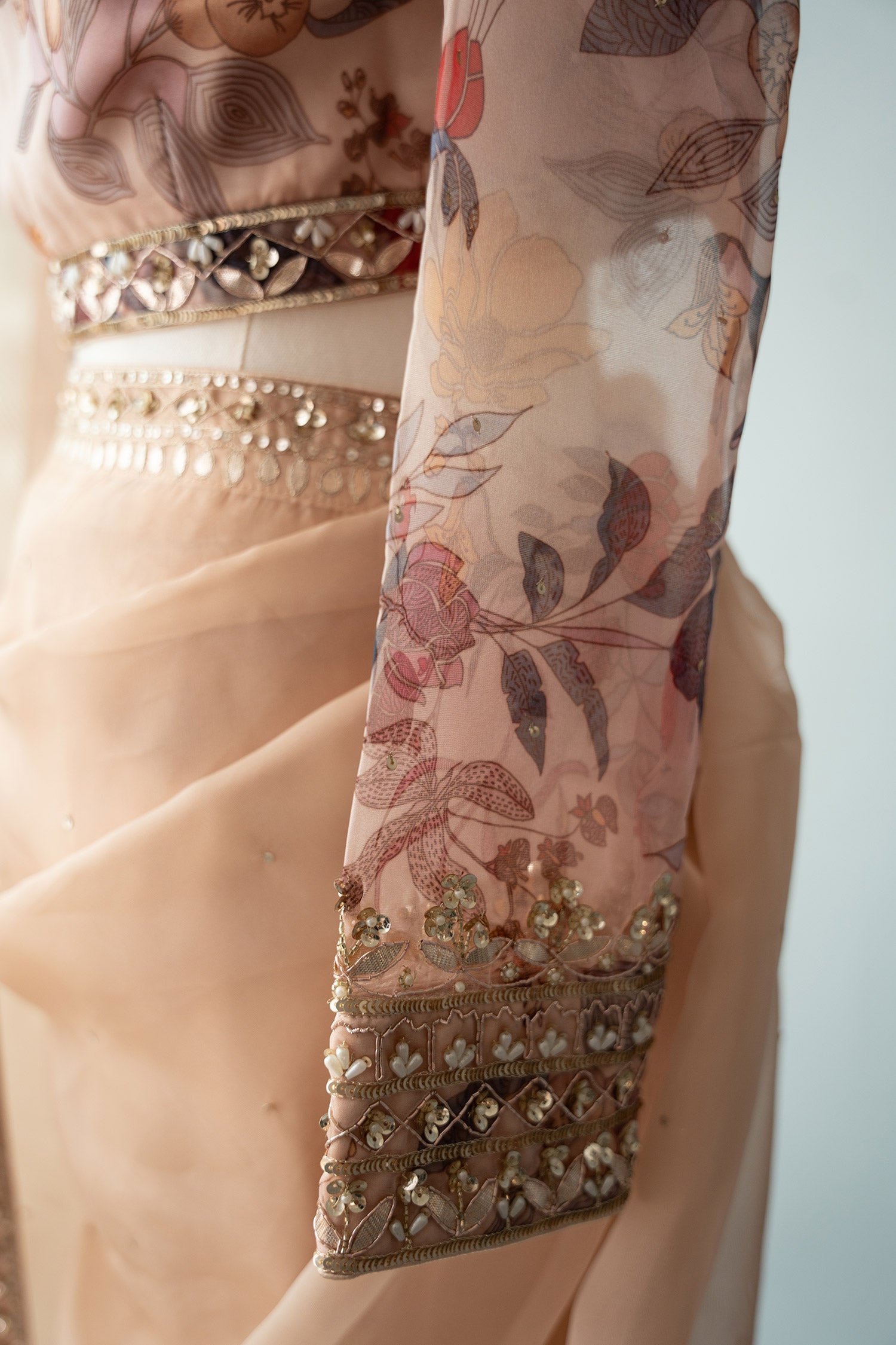 Chic Beige Organza Saree With Printed Blouse