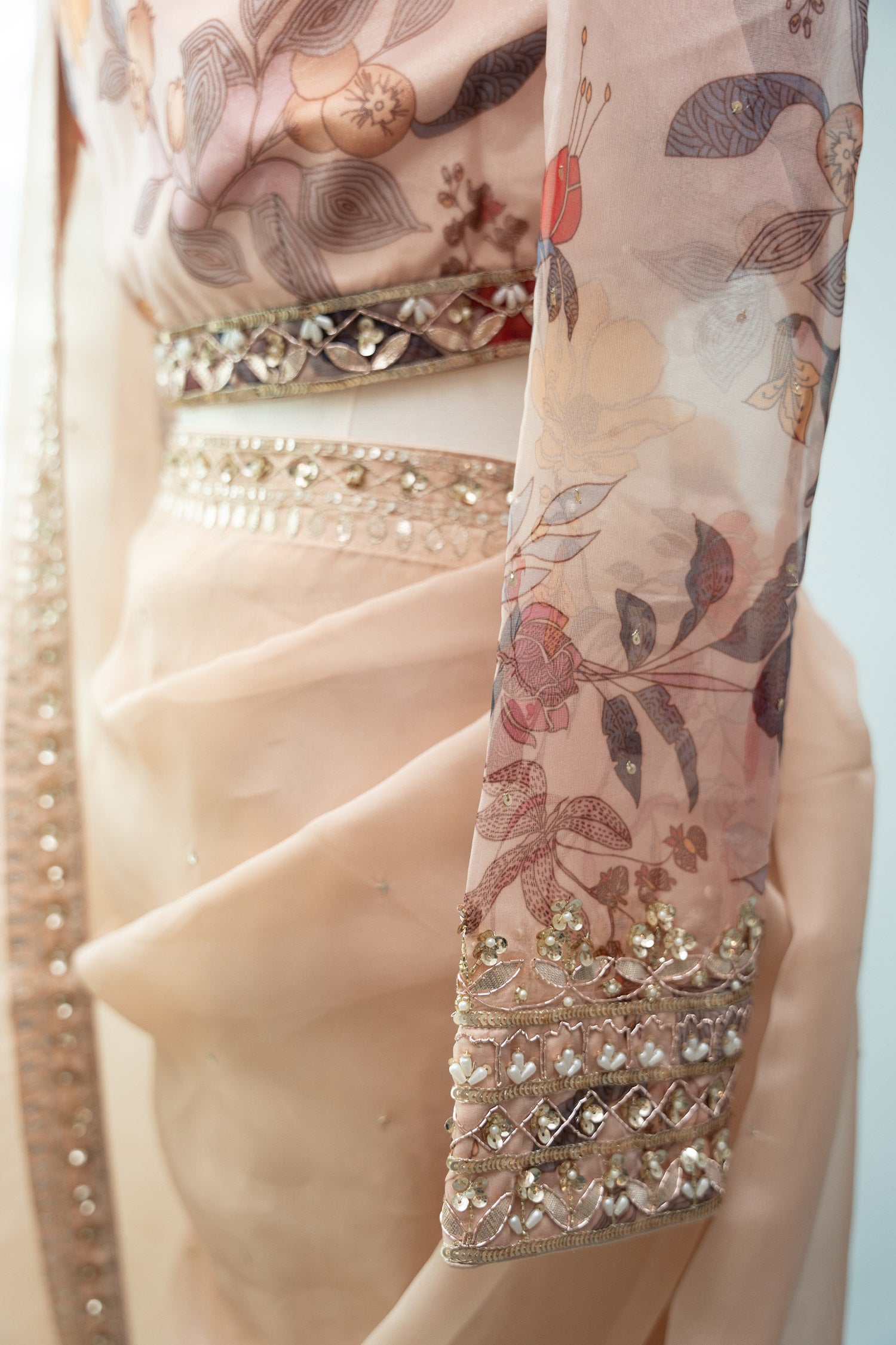Chic Beige Organza Saree With Printed Blouse