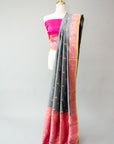Elegant Grey And Pink Handwoven Silk Sari With Unstitched Blouse