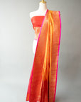 Sunset Orange Handwoven Silk Sari And Red Color Unstitched Blouse