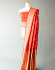 Red Handwoven Silk Sari real zari And Unstitched Blouse