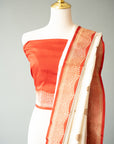 White/Red Handwoven Silk Sari And Red Color Unstitched Blouse