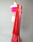 Elegant Handwoven Red And Pink Silk Sari With Unstitched Blouse