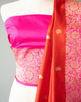 Elegant Handwoven Red And Pink Silk Sari With Unstitched Blouse