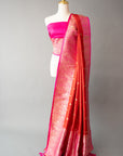 Elegant Handwoven Red And Pink Silk Sari With Unstitched Blouse