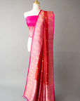 Elegant Handwoven Red And Pink Silk Sari With Unstitched Blouse