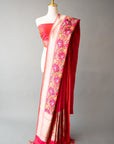 Handwoven Pink/Red Silk Sari With Unstitched Blouse