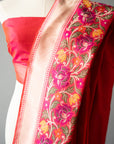 Handwoven Pink/Red Silk Sari With Unstitched Blouse