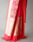 Handwoven Pink/Red Silk Sari With Unstitched Blouse