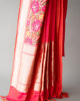 Handwoven Pink/Red Silk Sari With Unstitched Blouse