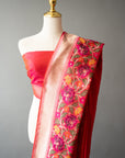 Handwoven Pink/Red Silk Sari With Unstitched Blouse