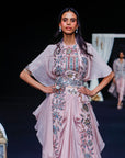 Peachy Pink Ajrakh Embroidered Blouse Paired Up With Dhoti And Ruffled Dupatta