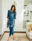 Khushboo & Pankaj Women Teal Blue Embroidered Co-ord Set with Tulip Pants